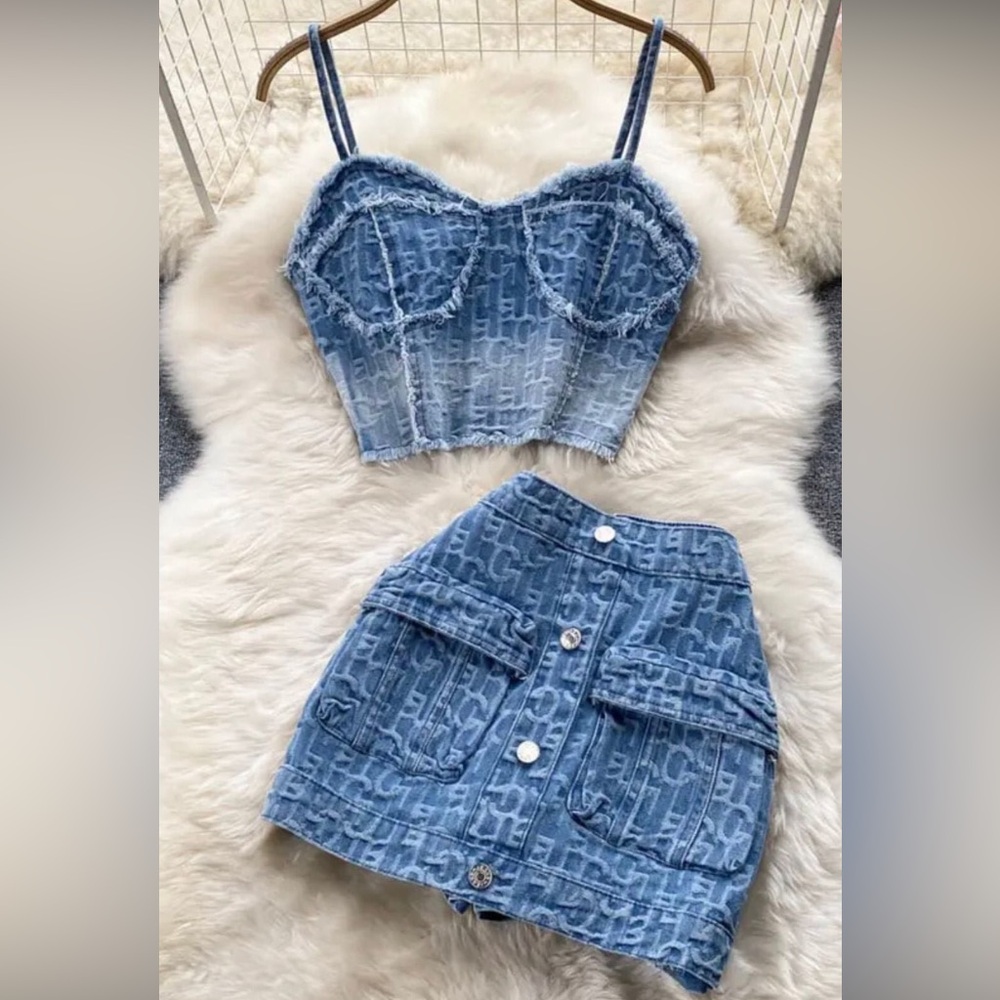 Denim two piece skirt set medium wash